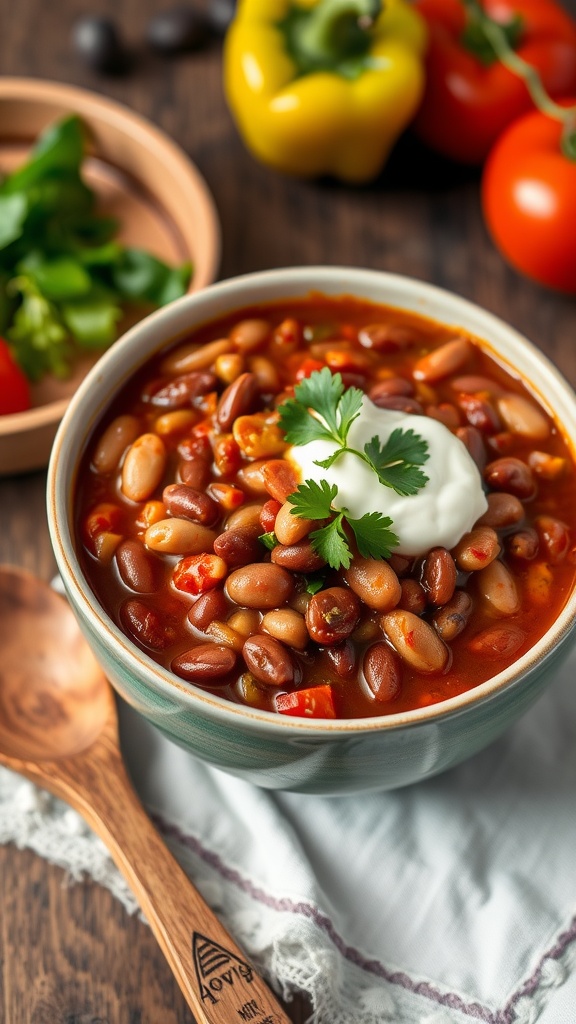 A bowl of three-bean chili garnished with cilantro and sour cream, with beans and tomatoes visible in a rustic kitchen setting.